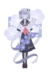  1girl arm_at_side arm_behind_back artist_name black_pantyhose black_sailor_collar black_skirt bob_cut brown_shoes closed_eyes closed_mouth commentary dot_mouth facing_viewer floral_background flower full_body ghost grey_hair hair_flower hair_ornament hand_on_own_arm highres loafers morning_glory neckerchief no_nose omochi_noa original pantyhose pleated_skirt purple_background purple_flower red_neckerchief sailor_collar school_uniform serafuku shirt shoes short_hair short_sleeves signature simple_background skirt solo sparkle standing straight-on white_background white_shirt 