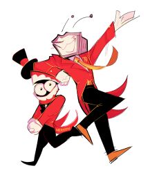  2boys ant_tenna arm_on_another's_head arm_rest arm_up artist_name black_hat black_pants black_shoes blue_eyes caine_(the_amazing_digital_circus) coat coattails collared_shirt commentary crossover crt deltarune dentures detached_eyes english_commentary eye_in_mouth floating_hat full_body gloves green_eyes hat heterochromia highres lapels long_nose long_sleeves matching_outfits mini_hat mini_top_hat multiple_boys necktie nose notched_lapels object_head open_mouth outfit_connection outstretched_arm own_hands_together pants pointy_nose radio_antenna red_coat red_tailcoat shirt shoes simple_background sleeve_cuffs standing tailcoat teeth the_amazing_digital_circus top_hat trait_connection utdr_(toby_fox) wernon white_background white_gloves white_shirt yellow_necktie yellow_shoes 