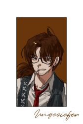  1boy absurdres beard_stubble black_vest border brown_background brown_eyes brown_hair cigarette collared_shirt commentary_request curtained_hair facial_hair glasses gregor_(project_moon) grin hagi0855 highres korean_commentary limbus_company low_ponytail necktie ponytail portrait project_moon red_necktie shirt sketch smile smoking solo stubble vest white_border white_shirt 
