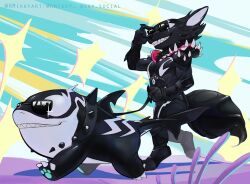  2boys animal_ears artist_name bluesky_username claws collar commentary diffraction_spikes english_commentary fangs fins fish_tail furry furry_male grin guardians_of_the_galaxy highres holding holding_leash jeff_the_land_shark jeff_the_land_shark_(devouring_duo) leash looking_to_the_side male_focus marvel marvel_rivals multiple_boys pawpads r.mikky raccoon_boy raccoon_ears raccoon_tail rocket_raccoon rocket_raccoon_(symbiote_raccoon) shark shark_fin shark_tail smile spiked_collar spikes sunglasses symbiote tail tongue twitter_username walking 