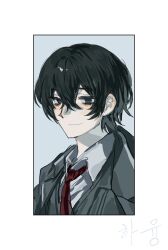  1boy absurdres black_coat black_eyes black_hair black_vest border coat double-parted_bangs hagi0855 hair_between_eyes highres limbus_company necktie portrait project_moon red_necktie shirt sketch solo vest white_border white_shirt yi_sang_(project_moon) 