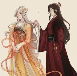  2girls absurdres beidou_(genshin_impact) black_hair charathegay chinese_clothes chinese_hairpin genshin_impact hair_ornament hair_rings hair_stick hanfu highres holding_another's_hair multiple_girls ningguang_(genshin_impact) red_hanfu scar scar_across_eye scar_on_face topknot white_hair yellow_hanfu yuri 