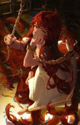  1girl absurdly_long_hair absurdres ahoge astrocatsama barefoot chain cuffs dress feathered_wings from_above green_eyes highres honey_(astrocatsama) long_hair looking_at_viewer low_wings original red_hair shackles solo tight_clothes tight_dress very_long_hair wavy_hair white_dress wings 