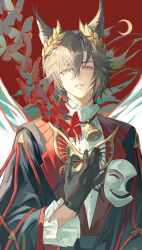  1boy absurdres ambience_synesthesia animal_ears arknights bell black_gloves black_jacket bug butterfly butterfly_mask buttons carnival_mask cat_boy cat_ears commentary crescent crossed_bangs curtained_hair english_commentary expressionless gloves gold_mask grey_butterfly grey_hair hair_between_eyes half_mask highres holding holding_mask jacket lapels laurel_crown long_sleeves looking_at_viewer male_focus mask neck_bell nostrils notched_lapels official_alternate_costume parted_lips phantom_(arknights) red_background red_butterfly red_pupils red_trim shirt short_hair slit_pupils solo tragodia_(arknights) triangle upper_body very_short_hair white_mask white_shirt yellow_eyes yinhepongpong 