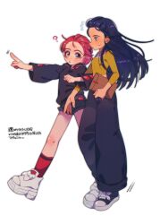  2girls absurdres amate_yuzuriha black_pants black_shorts blue_eyes commentary_request flower gundam gundam_gquuuuuux hair_slicked_back highres jacket locked_arms looking_at_another midriff multiple_girls nyaan_(gundam_gquuuuuux) pants pari_pari_kyabetu220 pointing purple_hair red_hair red_jacket red_socks shoes shorts sneakers socks sweat white_background yellow_eyes yellow_flower 
