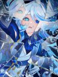  1girl air_bubble app_filter ascot asphyxiation black_gloves blue_ascot blue_bow blue_brooch blue_eyes blue_hair blue_jacket bow broken_mirror bubble crying crying_with_eyes_open drowning furina_(genshin_impact) furrowed_brow genshin_impact gloves hat heterochromia highres jacket long_hair lower_teeth_only mirror multicolored_hair open_mouth reaching reaching_towards_viewer reflection sidelocks solo streaked_hair teardrop tears teeth top_hat two-tone_hair underwater water xxchicoxxf 