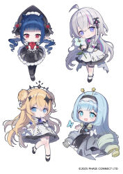  2025 4girls ahoge ankle_socks apple aqua_hair black_dress black_halo black_pantyhose black_shoes blonde_hair blue_eyes blue_hair bow bowtie bug butterfly chibi chibi_only closed_mouth commentary copyright_logo copyright_notice dizzy_dokuro double_bun dress dress_bow drill_hair ember_amane english_commentary flower food frilled_dress frills fruit gradient_hair hair_bun hair_ornament halo headdress high_collar holding holding_flower holding_food holding_fruit jelly_hoshiumi kaneko_lumi logo long_hair long_sleeves looking_at_viewer multicolored_hair multiple_girls official_art open_mouth pantyhose phase_connect phase_invaders pink_streaks pointy_ears red_eyes renian shoes short_dress simple_background smile socks sparkle_hair_ornament standing streaked_hair striped_bow striped_bowtie striped_clothes thigh_strap twin_drills very_long_hair violet_eyes white_background white_bow white_dress white_hair white_socks 