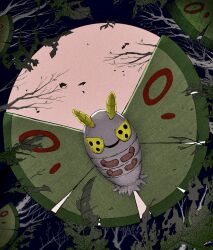  absurdres antennae bug commentary_request dustox from_below full_moon green_wings highres insect_wings moon moth no_humans open_mouth pokemon pokemon_(creature) pokemon_focus rikunekogohanyo smile wings yellow_eyes 