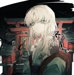  1girl architecture bare_tree black_sky chrisryciy closed_mouth commentary east_asian_architecture expressionless grey_eyes highres japanese_clothes kimono long_sleeves mole mole_under_eye night original outdoors print_kimono short_hair_with_long_locks simple_bird sky solo torii tree untranslatable_commentary upper_body white_hair white_kimono 