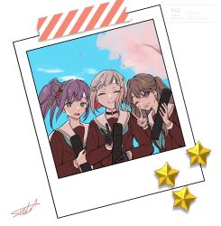  3girls ^_^ aqua_neckerchief black_choker black_gloves blue_sky bob_cut brown_dress brown_hair choker closed_eyes closed_mouth clouds colored_inner_hair commentary_request day diagonal_bangs diploma_tube dress facing_viewer flower fujishima_megumi gloves graduation green_eyes grey_hair grin hair_bun hair_flower hair_ornament hasu_no_daisankaku hasu_no_sora_school_uniform highres holding inverted_bob lone_nape_hair long_hair long_sleeves looking_at_viewer love_live! love_live!_hasu_no_sora_jogakuin_school_idol_club multicolored_hair multiple_girls neckerchief o-ring o-ring_choker open_mouth otomune_kozue photo_(object) purple_hair red_flower red_hair sailor_collar sailor_dress school_uniform short_hair side_ponytail sidelocks signature single_side_bun sketch_background sky smile split_mouth star_(symbol) star_hair_ornament streaked_hair suito tassel tassel_hair_ornament teeth two_side_up unworn_hair_ornament upper_teeth_only violet_eyes virtual_graduation_commemoration virtual_youtuber white_sailor_collar winter_uniform yugiri_tsuzuri 