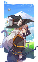  1girl absurdres animal_ear_fluff animal_ears black_hat black_skirt blush border cat_ears cat_girl cat_tail closed_mouth commentary_request cropped_legs day ears_through_headwear from_side grass hair_ornament hand_up hat highres holding holding_staff long_hair long_sleeves mountain original outdoors outside_border pleated_skirt profile shirt sidelocks skirt solo staff tail tetenka white_border white_hair white_shirt witch_hat x_hair_ornament 