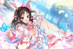  1girl :d animal_ears ankle_socks blue_butterfly blurry blurry_background blush bow bowtie brown_eyes brown_hair bug butterfly commentary day dress ear_bow flower frilled_dress frilled_socks frills hair_bow high_heels highres idolmaster idolmaster_cinderella_girls knees_up layered_dress long_hair long_sleeves looking_at_viewer nana8llo open_mouth outdoors pink_bow platform_heels rabbit_ears ribbon-trimmed_sleeves ribbon_trim shoe_soles shoes signature smile socks solo stuffed_animal stuffed_rabbit stuffed_toy tachibana_arisu tree twitter_username untranslatable_commentary white_dress white_shoes white_socks 