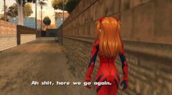  1girl alley asuka_langley_souryuu crossover edit grand_theft_auto:_san_andreas hairclip meme neon_genesis_evangelion plugsuit_(evangelion) red_hair text tree 