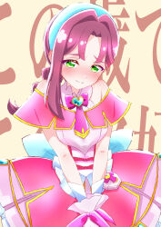  1girl absurdres age_conscious ageplay akechi_anna's_mother alternate_costume back_bow bare_shoulders blue_hairband blush bow bowtie braid breasts brooch bubble_skirt capelet commentary_request cosplay cure_mystique cure_mystique_(cosplay) curtained_hair dress embarrassed forehead frown furrowed_brow gloves gold_trim green_eyes hair_intakes hairband heart heart_brooch highres jewelry kyouka_jun long_hair looking_at_viewer magical_girl medium_breasts meitantei_precure! necktie nose_blush off-shoulder_capelet off_shoulder own_hands_together partial_commentary pink_bow pink_bowtie pink_capelet pink_dress pink_gloves pink_necktie pink_skirt precure purple_hair raised_inner_eyebrows single_braid single_sidelock skirt sleeveless sleeveless_dress solo sweatdrop text_background translation_request underbust upper_body v_arms wrist_bow yellow_background 