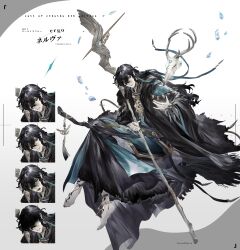  1boy absurdres animal_skull ankle bags_under_eyes barefoot black_cloak black_eyes black_hair black_nails black_robe black_sash blue_gem blue_ribbon blue_robe border bracelet broom broom_riding call_of_cthulhu cloak closed_mouth copyright_name crystal_shards earrings empty_eyes ergo_(ttrpg_scenario) expressionless eye_symbol foot_tattoo full_body gem gold_bracelet gold_necklace grey_border hair_between_eyes hair_ribbon hand_tattoo highres holding holding_staff irregular_border jewelry k_secondfloor light_smile long_hair long_sleeves looking_at_viewer male_focus multiple_expressions nail_polish necklace nervous_sweating object_floating_above_hand one_eye_closed parted_lips ribbon robe sash scar scar_on_face shaded_face sidesaddle silver_choker simple_background single_earring solo staff sweat tassel tassel_earrings tattoo toenail_polish toenails torn_cloak torn_clothes tress_ribbon two-tone_robe waist_sash white_background wide_sleeves 