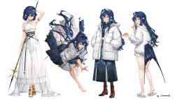  4girls absurdres adapted_costume alternate_costume animal_ears arknights armlet astesia_(arknights) bird_ears bird_tail black_boots blue_eyes blue_hair blue_skirt boots brown_boots dress eating food fork from_behind full_body fur_trim gold_armlet hair_intakes hands_in_pockets highres holding holding_fork holding_polearm holding_weapon immeasurable jewelry leaning_forward loafers long_hair long_sleeves multiple_girls pajamas parka polearm puffy_long_sleeves puffy_sleeves scarf see-through_clothes see-through_dress shirt shoes skindentation skirt sleeves_rolled_up standing surprised tail weapon white_dress white_pajamas 