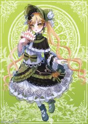  1girl asymmetrical_footwear black_bow black_bowtie black_capelet black_flower black_rose black_shoes blonde_hair bonnet bow bow_flower bowtie capelet chinstrap commentary_request dress feather_fan flower flower-trimmed_dress flower-trimmed_skirt frilled_capelet frilled_dress frilled_skirt frilled_sleeves frills full_body green_background green_bonnet green_eyes green_shoes hair_flower hair_ornament hand_fan highres holding holding_fan layered_dress lolita_fashion long_hair long_sleeves looking_at_viewer mahou_shoujo_no_majo_saiban mismatched_footwear nyozuki_(trid) rose shoes skirt socks solo tono_hanna twintails two-tone_dress white_flower white_rose white_socks wide_sleeves winged_hat yellow_flower yellow_rose 
