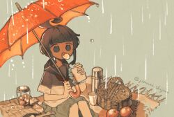  1girl ahoge ahoge_girl_(jimini_shijimi) apple artist_name blunt_bangs cherry commentary_request cup egg_(food) food fork fruit grass hardboiled_egg highres holding holding_food holding_sandwich holding_umbrella instagram_username jar jimini_shijimi looking_ahead low_twintails neckerchief no_pupils on_ground original picnic picnic_basket picnic_blanket pleated_skirt rain red_neckerchief sailor_collar sandwich school_uniform serafuku short_eyebrows short_hair short_sleeves short_twintails sidelocks sitting skeb_username skirt solo thermos twintails twitter_username umbrella 
