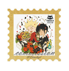  2boys 8er8er1s black_flower black_hair black_jacket black_pants black_shoes black_suit blonde_hair border bottle chibi chibi_only coat commentary commission copyright_name doughnut flower food highres holding holding_bottle jacket kuroneko_(trigun) male_focus mole mole_under_eye multiple_boys nicholas_d._wolfwood open_mouth pants postage_stamp red_coat red_flower shirt shoes sitting smile smoking spiky_hair suit suit_jacket trigun vash_the_stampede white_background white_shirt yellow_border 