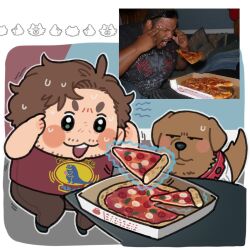  1boy 1other blush brown_pants chibi chibi_only commentary cosmo_the_spacedog derivative_work dog food guardians_of_the_galaxy highres man_levitating_pizza_(meme) marvel meme mokotin_55 open_mouth pants peter_quill photo-referenced pizza pizza_box pizza_slice red_shirt reference_inset rocket_raccoon shirt star-lord sweat sweatdrop 