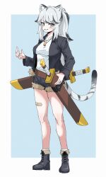  1girl absurdres animal_ears bandaid bandaid_on_leg belt black_boots black_hair black_jacket blush boots brown_belt commentary denim denim_shorts full_body grey_eyes grin highres jacket multicolored_hair multiple_swords open_clothes open_jacket sheath sheathed shirt shoga_k short_shorts shorts smile socks solo standing streaked_hair sword tail tig_(trickcal) tiger_ears tiger_girl tiger_tail torn_clothes torn_shorts trickcal weapon white_hair white_shirt white_socks 