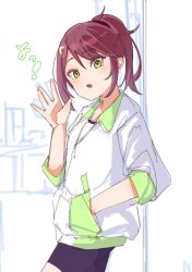  1girl \||/ against_wall bike_shorts black_shorts blush brown_hair commentary_request cowboy_shot goto_akira green_eyes hand_in_pocket highres ikizulive!_love_live!_bluebird jacket leaning_back looking_at_viewer love_live! medium_hair open_mouth osachi_(ho_sen_osa815) ponytail shorts sketch_background smile solo three-quarter_sleeves white_jacket 