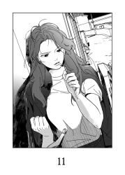  1girl bag bottle building bumped_into_x cigarette commentary_request dam_(bumped_into_x) furrowed_brow greyscale highres holding holding_bag holding_lighter jacket jacket_on_shoulders korean_commentary layered_clothes lighter lighting_cigarette long_hair messy_hair monochrome official_art road shirt t-shirt track_jacket upper_body utility_pole white_background yeongol 