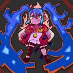  1girl absurdly_long_hair absurdres blue_eyes blue_hair chibi fire_miku_(project_voltage) full_body furrowed_brow gloves hands_on_own_hips harurukan hatsune_miku headphones highres hood hoodie long_hair looking_at_viewer multicolored_hair musical_note_necklace poke_ball_print pokemon project_voltage redhead smirk solo twintails twitter_username very_long_hair vocaloid white_gloves 