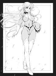  1girl absurdres bodysuit breasts commentary_request full_body gloves greyscale helmet highres holding holding_unworn_helmet kantori long_hair looking_at_viewer maria_grace_fleed mazinger_(series) monochrome open_mouth skin_tight smile solo ufo_robo_grendizer unworn_headwear unworn_helmet 