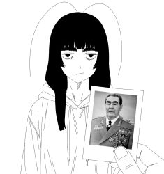  1girl :/ antenna_hair bags_under_eyes greyscale highres hime_cut holding holding_photo hood hoodie jimiko jitome juxtaposition kano_kino leonid_brezhnev long_hair long_sidelocks looking_at_viewer monochrome original photo_(object) photo_inset pov pov_hands real_life sidelocks simple_background solo suwa_machi_(kano_kino) tear_troughs thick_eyebrows trait_connection white_background 