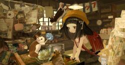  1girl animal_ears backpack bag bare_arms black_hair black_skirt brown_rabbit camisole candy candy_jar candy_store clock commentary_request doubutsunoujyou extra_ears floppy_ears food green_camisole hair_ornament hairclip hat highres jar lollipop lop_rabbit_ears medium_hair open_mouth original pink_camisole pink_eyes rabbit rabbit_ears rabbit_girl randoseru red_bag school_hat shop skirt solo swirl_lollipop television yellow_hat 