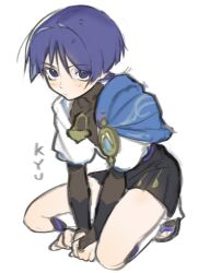  1boy armor artist_name between_legs black_bodysuit black_sandals black_shorts blue_cape blue_gem blue_sleeves blunt_ends bodysuit bridal_gauntlets cape clenched_hands closed_mouth colored_inner_hair full_body gem genshin_impact gold gold_ring gold_trim grey_bridal_gauntlets grey_hair hair_intakes hand_between_own_legs japanese_armor japanese_clothes kimono kote kurokote kyudred layered_sleeves leg_warmers light_blush looking_at_viewer male_focus middle_ring multicolored_hair purple_hair sandals scaramouche_(genshin_impact) short_shorts short_sleeves shorts shoulder_peek side_cape solo squatting toeless_legwear violet_eyes vision_(genshin_impact) wanderer_(genshin_impact) white_background white_kimono white_leg_warmers white_sleeves white_trim wispy_bangs wolf_cut zouri 