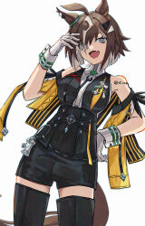  1girl ahoge animal_ears black_boots black_shirt black_shorts blue_eyes boots breasts brown_hair chess_piece fang gloves grey_hair grey_streaks hair_ornament hair_over_one_eye high-waist_shorts highres horse_ears horse_girl hoshino_(masssssh) looking_at_viewer medium_breasts multicolored_hair open_mouth rook_(chess) rulership_(monochrome_gm)_(umamusume) rulership_(umamusume) shirt short_hair shorts simple_background skin_fang sleeveless sleeveless_shirt smile solo streaked_hair thigh_boots umamusume white_background white_gloves 