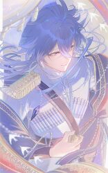 1boy alternate_costume antenna_hair belt bird black_belt black_cape blue_gem blue_hair border cape closed_mouth collared_jacket crossed_bangs dove earrings empty_eyes epaulettes eyelashes flins_(genshin_impact) floating_cape floating_hair gem genshin_impact grey_background hair_between_eyes hand_up high_collar highres holding holding_sword holding_weapon jacket jellyfish_cut jewelry long_hair long_sleeves looking_at_viewer male_focus military_jacket military_uniform mixed-language_commentary muimi575 necklace outside_border pendant purple_gem red_sash sash shoulder_belt simple_background smile solo sparkle sword upper_body very_long_hair weapon white_border white_jacket yellow_eyes 