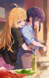  2girls ahoge apron basil_leaf bell_pepper blonde_hair blush bottle bowl bracelet brown_apron cho_kaguya-hime! commentary cooking green_eyes hug hug_from_behind jewelry kaguya_(cho_kaguya-hime!) multiple_girls olive_oil open_mouth purple_hair red_eyes sakayori_iroha short_sleeves sleeves_rolled_up smile toake_(user_affe3424) yuri 