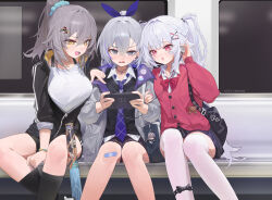  3girls absurdres bandaid bandaid_on_knee bandaid_on_leg baseball_bat berserker_r black_jacket black_sweater bow bowtie brand_name_imitation breasts character_sticker chinese_commentary commentary_request crossed_bangs earphones facial_mark grey_eyes grey_hair grey_jacket hair_between_eyes handheld_game_console heart heart_facial_mark herta_(honkai:_star_rail) herta_(puppet)_(honkai:_star_rail) high_ponytail highres holding holding_handheld_game_console honkai:_star_rail honkai_(series) jacket large_breasts long_hair long_sleeves multiple_girls necktie nintendo_switch_2 open_clothes open_jacket open_mouth pink_eyes pink_nails ponytail purple_necktie red_bow red_bowtie shared_earphones silver_wolf_(honkai:_star_rail) sitting skirt sparkle_(honkai:_star_rail) sparxie_(honkai:_star_rail) stelle_(honkai:_star_rail) sticker sweater thigh-highs trailblazer_(honkai:_star_rail) twintails two-sided_fabric two-sided_jacket white_hair white_thighhighs yellow_eyes 