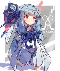  1girl bare_shoulders blue_hair blue_ribbon blunt_bangs blush border bright_pupils closed_mouth commentary_request cropped_legs detached_sleeves dress grey_background hair_ribbon highres kotonoha_aoi long_hair long_sleeves neck_ribbon notice_lines outside_border pink_eyes ribbon sleeveless sleeveless_dress sleeves_past_fingers sleeves_past_wrists solo tetenka very_long_hair voiceroid white_border white_dress white_pupils white_sleeves 