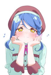  1girl absurdres beret blue_hair blue_shirt blush braid breast_pocket brown_hat brown_trim butterfly_hair_ornament buttons commentary_request cropped_torso cross_tie curled_ends daifuku_momiji dot_nose eighth_note elbow_rest fingernails flipped_sidelocks hair_between_eyes hair_ornament happy hat head_rest highres howa_kurea howa_kurea_(civilian) looking_at_viewer meitantei_precure! musical_note partial_commentary patissier pink_cross_tie pocket precure shirt sidelocks simple_background single_braided_sidelock smile solo split_mouth tareme three-quarter_sleeves white_background yellow_eyes 