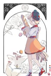  1girl ^^^ apple bag baguette beret bird bird_tail blonde_hair blush bread chicken commentary_request dated falling_food flower food french_flag from_side fruit hat hat_clover highres holding holding_bag kokechankokko niwatari_kutaka orange_(fruit) orange_skirt paper_bag profile red_eyes red_hat red_shoes rose shirt shoes short_sleeves skirt socks solo tail touhou white_background white_shirt white_socks wings 