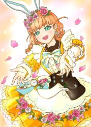  1girl :d animal_ears aqua_eyes blue_bow blue_bowtie bow bowtie braid commentary_request fake_animal_ears falling_petals flower fushigi_to_kimi_to_library hair_flower hair_ornament highres hinoshita_kaho love_live! love_live!_hasu_no_sora_jogakuin_school_idol_club low_twin_braids open_mouth orange_hair petals pink_flower pink_petals pinstripe_pattern pinstripe_skirt pinstripe_sleeves pocket_watch puffy_short_sleeves puffy_sleeves rabbit_ears shirt short_sleeves skirt smile solo striped_bow striped_bowtie striped_clothes teeth tsukinowa_(kuma_moon9) twin_braids two_side_up upper_teeth_only watch white_shirt yellow_skirt 
