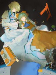  2girls absurdres artist_request ascot blonde_hair blue_ascot boombox bow brown_eyes brown_hair chinese_commentary closed_mouth commentary_request detached_sleeves dress eye_contact floating frown hair_bow hair_tubes hakurei_reimu highres long_hair long_sleeves looking_at_another missing_headwear multiple_girls one_eye_closed purple_tabard red_bow red_skirt second-party_source skirt skirt_set tabard torii touhou violet_eyes white_dress wide_sleeves yakumo_yukari zero_gravity 