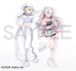  2girls anya_kumori colored_inner_hair commentary_request egg_hair_ornament food-themed_hair_ornament grey_hair hair_ornament karaoke looking_at_viewer maronie. microphone multicolored_hair multiple_girls official_art open_mouth pink_hair re:act round1 sample_watermark smile suzuhana_inori tachi-e virtual_youtuber watermark 