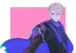  1boy belt black_shirt blonde_hair blue_belt blue_cape blue_eyes border cape chest_belt closed_mouth commentary curtained_hair dimitri_alexandre_blaiddyd fire_emblem fire_emblem:_three_houses floating_cape garreg_mach_monastery_uniform glassy_minty hair_between_eyes highres holding holding_polearm holding_weapon looking_to_the_side male_focus outside_border outstretched_arm parted_hair polearm school_uniform shirt short_hair side_cape solo upper_body very_short_hair weapon white_border 