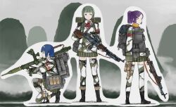  3girls ammunition_pouch backpack bag bayonet blue_hair bulletproof_vest camouflage green_hair gun hair_ornament hairclip headband holster insignia kneeling light_machine_gun machine_gun military military_uniform multiple_girls ponytail pouch purple_hair rifle rpd_(machine_gun) short_hair sks soldier thigh-highs weapon weapon_request y_(khakiyawn) 