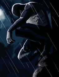  1boy animal_print black_bodysuit bodysuit male_focus marvel multicolored_bodysuit outdoors print_bodysuit rain solo spider-man spider-man_(original_black_suit) spider-man_(series) spider-man_3 spider_print spider_web_print superhero_costume symbiote two-tone_bodysuit wanderjegson wet wet_clothes 