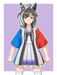  1girl animal_ears antenna_hair border bow bowtie brown_eyes brown_hair clenched_hands clothes_writing cowboy_shot ear_covers hair_between_eyes happi highres horse_ears horse_girl japanese_clothes looking_at_viewer mugi_no_hito multicolored_hair pleated_skirt purple_background purple_bow purple_bowtie purple_shirt sailor_collar sailor_shirt school_uniform shirt short_hair simple_background skirt solo standing streaked_hair thigh-highs titleholder_(umamusume) tracen_school_uniform umamusume white_border white_skirt white_thighhighs 