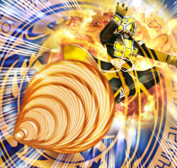  1boy black_bodysuit black_gloves bodysuit coat commentary_request drill gem gloves jewelry kamen_rider kamen_rider_wizard kamen_rider_wizard_(land_style) kamen_rider_wizard_(series) kicking magic_circle murahigeya open_clothes open_coat rider_belt rider_kick ring solo tokusatsu wizard wizard_ring wizardriver 