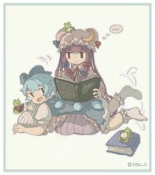  ... 2girls animal_on_head blue_bow blue_dress blue_hair book border bow chigu cirno closed_mouth collared_shirt commentary_request crescent crescent_hat_ornament detached_wings dress frog green_border hair_bow hat hat_ornament highres holding holding_book ice ice_wings long_hair lying_on_lap mob_cap multiple_girls multiple_hair_bows on_head open_book open_mouth patchouli_knowledge pinafore_dress purple_hair red_bow shirt sleeveless sleeveless_dress socks spoken_ellipsis striped_clothes striped_dress touhou twitter_username vertical-striped_clothes vertical-striped_dress very_long_hair violet_eyes white_shirt white_socks wings 