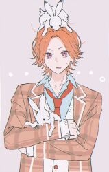  1boy animal animal_on_head blazer blue_shirt brown_jacket cardigan collared_shirt earrings holding holding_animal holding_rabbit jacket jewelry kyokutsuki layered_clothes layered_sleeves long_sleeves male_focus necktie on_head open_mouth orange_hair pink_eyes plaid_clothes rabbit rabbit_on_head red_necktie school_uniform shirt strange_eden sweatdrop uzuki_hinata_(strange_eden) white_trim 