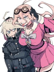  1boy 1girl absurdres ahoge android antenna_hair armor blonde_hair blue_eyes breasts choker danganronpa_(series) danganronpa_v3:_killing_harmony fingerless_gloves gloves goggles goggles_on_head hair_between_eyes hand_on_another's_head highres iruma_miu jacket k1-b0 large_breasts leaning_on_person long_hair long_sleeves open_mouth sabaage school_uniform shirt short_hair simple_background skirt smile teeth tongue tongue_out white_background white_hair 